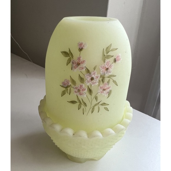 Fenton Other - Vtg Fenton Burmese Custard Fairy Lamp Glowing Handpainted Signed Satin